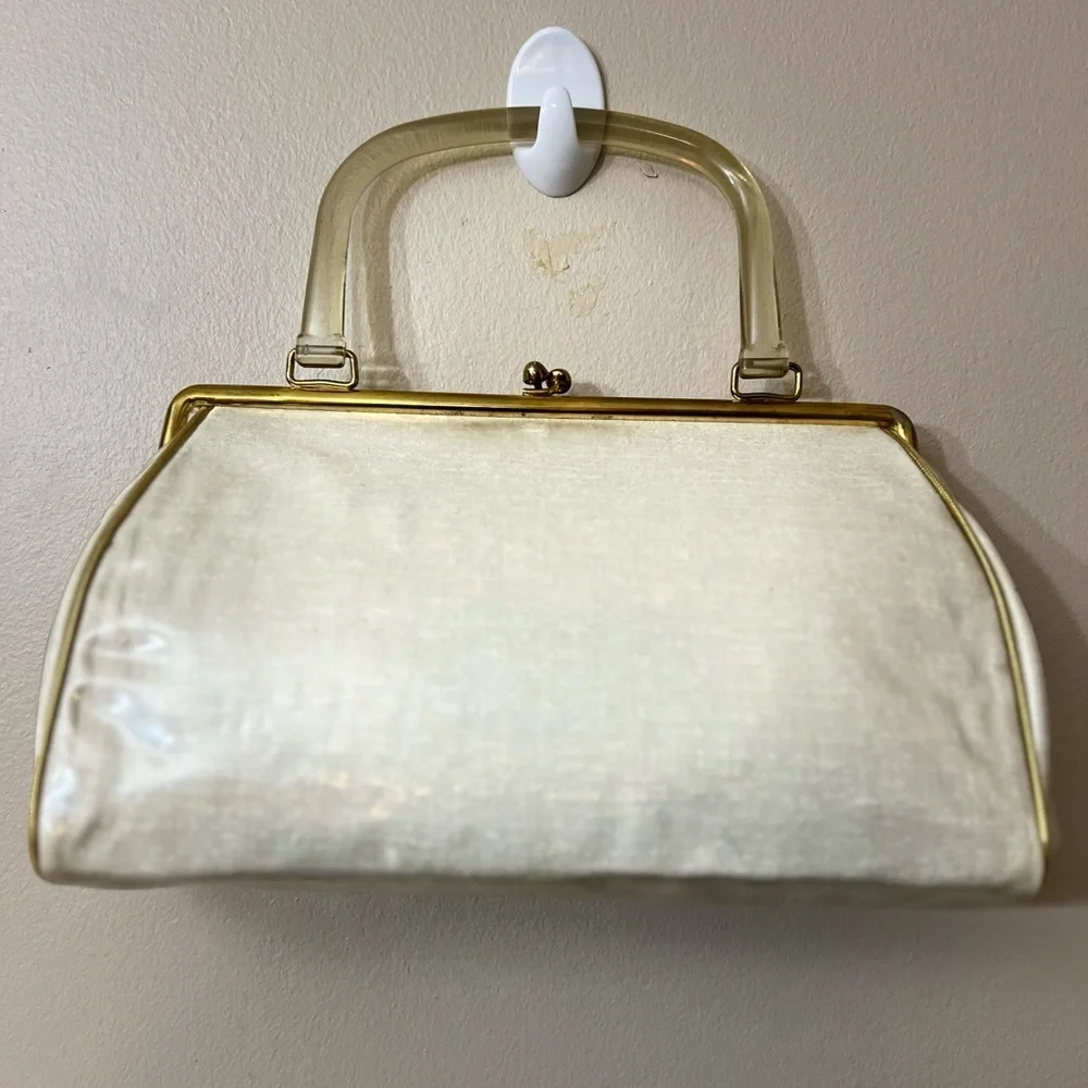 Vintage JR Vinyl Bunch of Daisies Floral Beige Clutch Purse Kiss Clasp 1960s - Picture 2 of 11